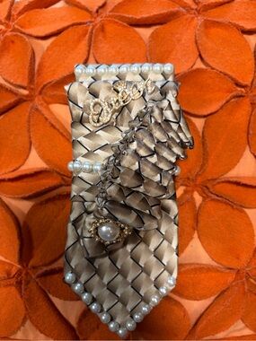 Embellished Satin Necktie with Pearl Accents